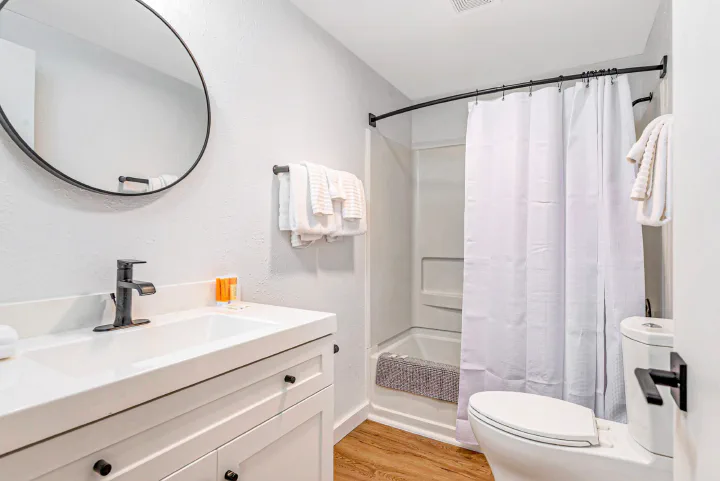 Bathroom inside a Tidal House A-frame cottage